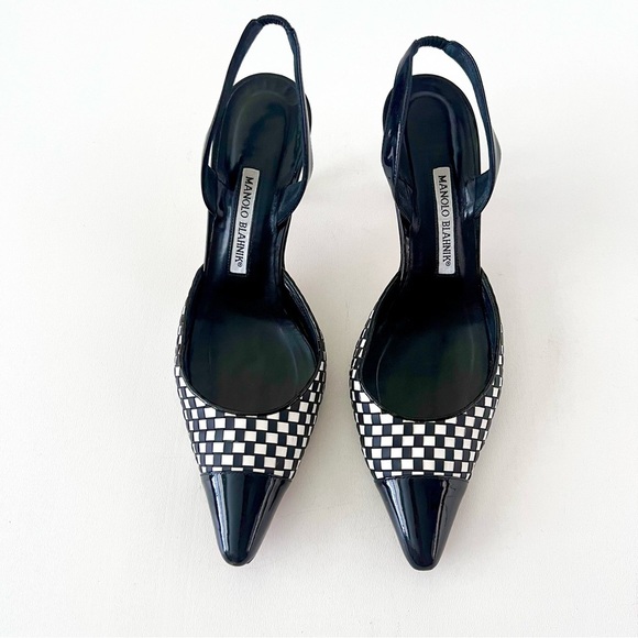MANOLO BLAHNIK | Black White Cap Toe Woven Leather SlingBack Pointed Pumps - Picture 4 of 16